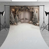 Aperturee Aperturee Elegant Christmas Doorway Sweep Photography Backdrop with Snow Floor Frosted Trees Silver and Gold Holiday Photo Prop